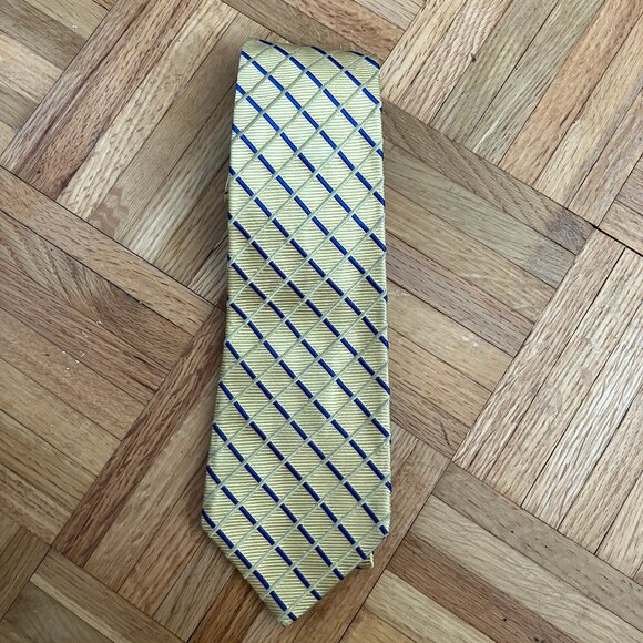 Pink 100& silk Tie Pastel Yellow and Navy of London navy stripes plaid